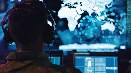 A military operator in fatigues sits in a high-tech control room, focused on multiple screens displaying maps and data analytics. dim lighting enhances the scene's intensity and professionalism.