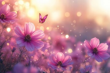 enchanted meadow bursting with vibrant cosmos flowers iridescent butterflies dancing among petals golden sunbeams filtering through misty air creating magical bokeh effect