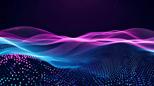 A vibrant digital abstract visualization of wave patterns in pink and blue on a dark background. Flowing shapes and glowing dots evoke dynamic energy, ideal for tech and creative industries.