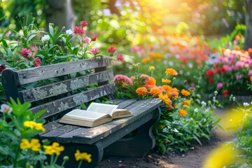 A wooden bench sits in a vibrant flower garden with an open book resting on it.  Sunlight streams through the blooming flowers.