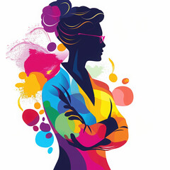 woman silhouette colorful abstract profile glasses fashion modern art creative design illustration splatter digital female vibrant stylish trendy hair bun multicolor side view 