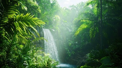 Fototapeta premium Crystal-clear view of a lush tropical rainforest, vibrant greens, waterfall in background, 50 keywords