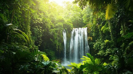 Crystal-clear view of a lush tropical rainforest, vibrant greens, waterfall in background