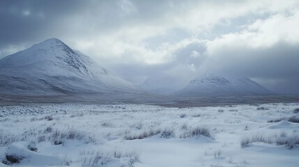 A panoramic view of snow-capped mountains under a cloudy sky, with a field of frosted grass in the foreground.