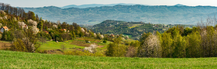 Obraz premium Panoramic shot of a field with buildings, trees and mountains 