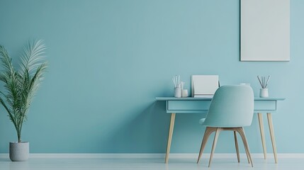 Contemporary light blue office space with a light blue desk, chair, and subtle decor accents.