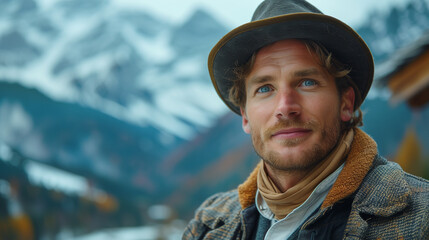 Portrait of Cheerful Middle Age German Farmer Standing Arms Crossed In Mountain Highland Background, Showcasing Local Rural Countryside Lifestyle and Work, 