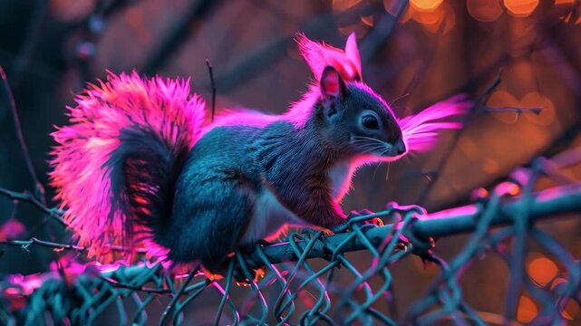 A vibrant squirrel sits on a metal fence, illuminated by striking neon colors in shades of pink and purple. whimsical scene blends nature and urban art, ideal for creative projects.