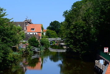Obraz premium Panorama at the River Medem in the Town Otterndorf, Lower Saxony
