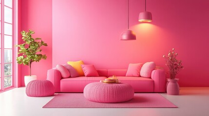 Contemporary pink living room with bold pink furniture, pink decor accents, and a pink feature wall.
