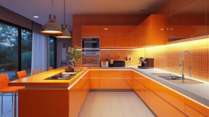 Contemporary orange kitchen with bold orange cabinetry, orange tiles, and modern orange lighting.