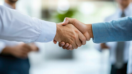 Close-up of two business professionals shaking hands in a modern office environment with a diverse team behind them, representing partnership, collaboration and mutual trust.