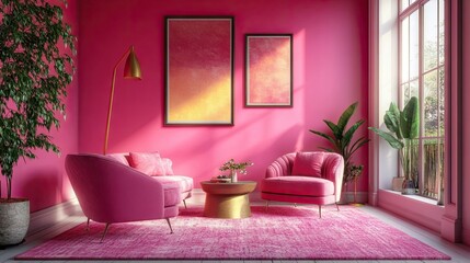 Contemporary pink living room with bold pink walls, pink armchairs, and pink decor accents.