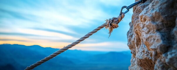 Naklejka premium Rope secured to rocky cliff edge, mountain landscape at sunrise. Adventure and exploration concept