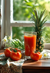 This image captures the essence of a sunny garden morning with a glass of freshly squeezed tomato juice, bathed in warm light. Three plump tomatoes, some playfully upside down and others leaning sidew