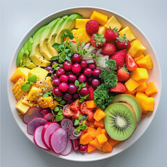 fruit salad bowl healthy colorful mixed strawberries blueberries avocados kiwi mango food nutrition fresh vegan vegetarian radishes corn peppers parsley 