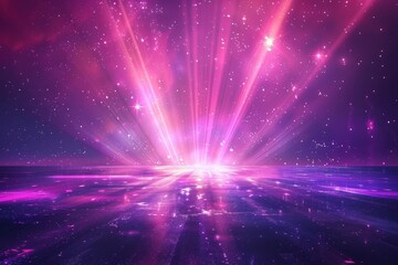 Fototapeta premium Abstract pink and purple light beams radiating from a central point, creating a celestial, otherworldly effect.