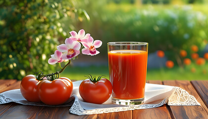 This image captures the essence of a sunny garden morning with a glass of freshly squeezed tomato juice, bathed in warm light. Three plump tomatoes, some playfully upside down and others leaning sidew
