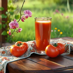 This image captures the essence of a sunny garden morning with a glass of freshly squeezed tomato juice, bathed in warm light. Three plump tomatoes, some playfully upside down and others leaning sidew