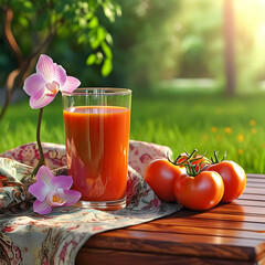 This image captures the essence of a sunny garden morning with a glass of freshly squeezed tomato juice, bathed in warm light. Three plump tomatoes, some playfully upside down and others leaning sidew