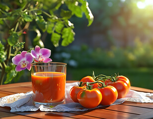 This image captures the essence of a sunny garden morning with a glass of freshly squeezed tomato juice, bathed in warm light. Three plump tomatoes, some playfully upside down and others leaning sidew