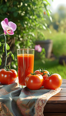 This image captures the essence of a sunny garden morning with a glass of freshly squeezed tomato juice, bathed in warm light. Three plump tomatoes, some playfully upside down and others leaning sidew