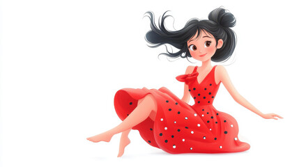 Charming young brunette in a red polka dot dress floats gracefully, exuding whimsy and charm in this 3D cartoon illustration.