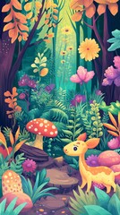 Obraz premium Colorful enchanted forest illustration with cute baby deer, vibrant flowers, and whimsical mushrooms in a magical setting.
