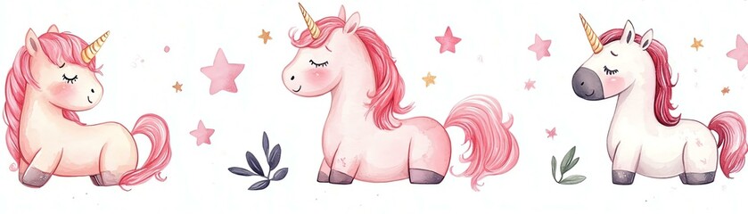 Fototapeta premium Cute watercolor unicorns with pink manes and stars in the background, perfect for children's decor or nursery art.