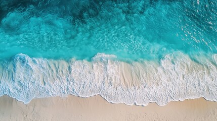 Ultra-sharp drone shot of a pristine beach, turquoise waters, white sand patterns, 50 keywords