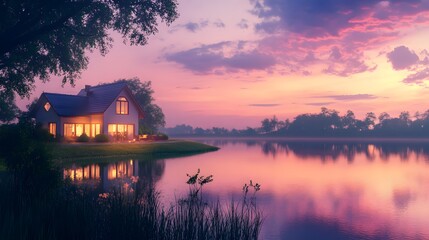 Fototapeta premium Scenic view of a house by a tranquil lake, illuminated by a pink and purple sunset sky, calm water mirroring the sky colors, a peaceful and reflective mood, warm light casting a gentle glow,