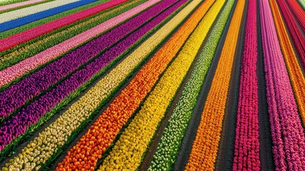 Crystal-clear aerial image of a colorful tulip field, geometric patterns, Netherlands, 50 keywords