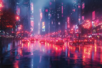Obraz premium Neon Metropolis Nightscape: A Futuristic Urban Dreamscape Awash in Vibrant Pink and Purple Reflections
