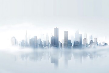 A misty city skyline reflecting on water, creating a serene atmosphere.