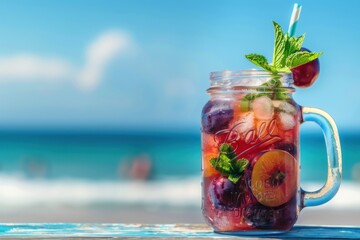 Beach plum mojito with beach plums and mint, served in a mason jar, coastal background, copy space