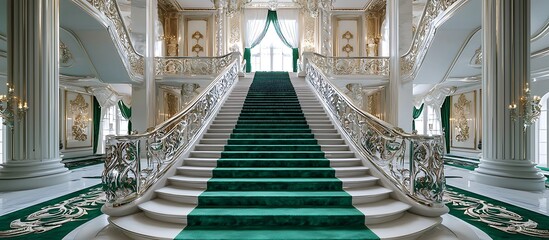 Obraz premium Grand Palace Hall with Staircase in Emerald and White, Silver Detailing