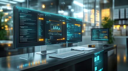 Modern Workspace with Data Analytics and Coding Displayed on Two Monitors