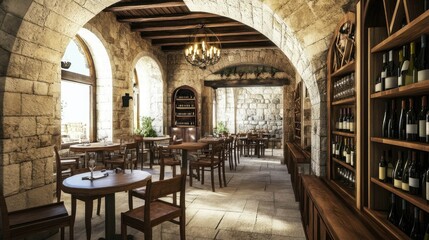A rustic, stone-walled dining room with arched windows, wooden tables and chairs, and a wine rack filled with bottles.