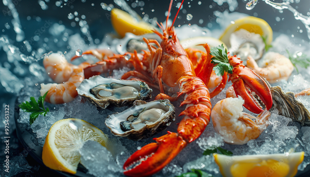 Wall mural a seafood platter featuring lobster, oysters, shrimp, and lemon wedges on ice, with a subtle water s