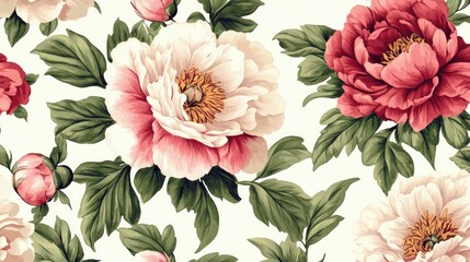 A seamless pattern featuring pink and white peonies with green leaves on a white background.