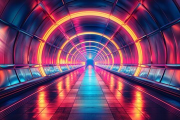 Neon lights illuminate a futuristic tunnel, creating a vibrant and abstract visual.