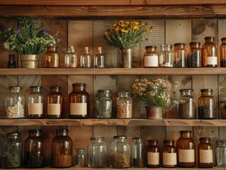 Rustic wooden shelves filled with glass jars and dried herbs, creating a vintage apothecary aesthetic.