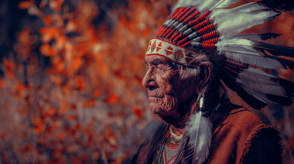 Portrait of an old Indian against a background of large bushes