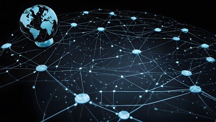 Image of financial data processing and globe with connections over black background