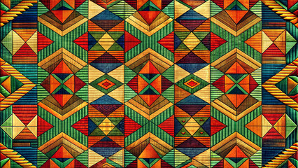 Seamless dynamic geometric design with vibrant colors and intricate tribal patterns in a rich tapestry style
