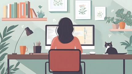 Fototapeta premium Woman working at her desk with a cat, a plant, and a bookshelf behind her