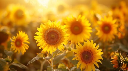 Obraz premium Sunlit field of sunflowers with a warm glow, creating a vibrant and cheerful image.