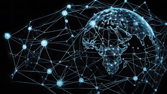 Image of financial data processing and globe with connections over black background