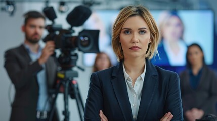 A crisis communication team in action, with a spokesperson delivering a public statement on live TV, with a serious and composed expression.