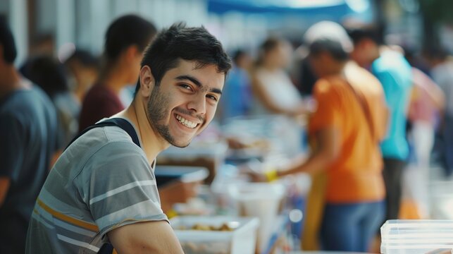 A disaster relief volunteer distributing supplies with a compassionate smile, as a line of people waits for assistance in an emergency shelter.